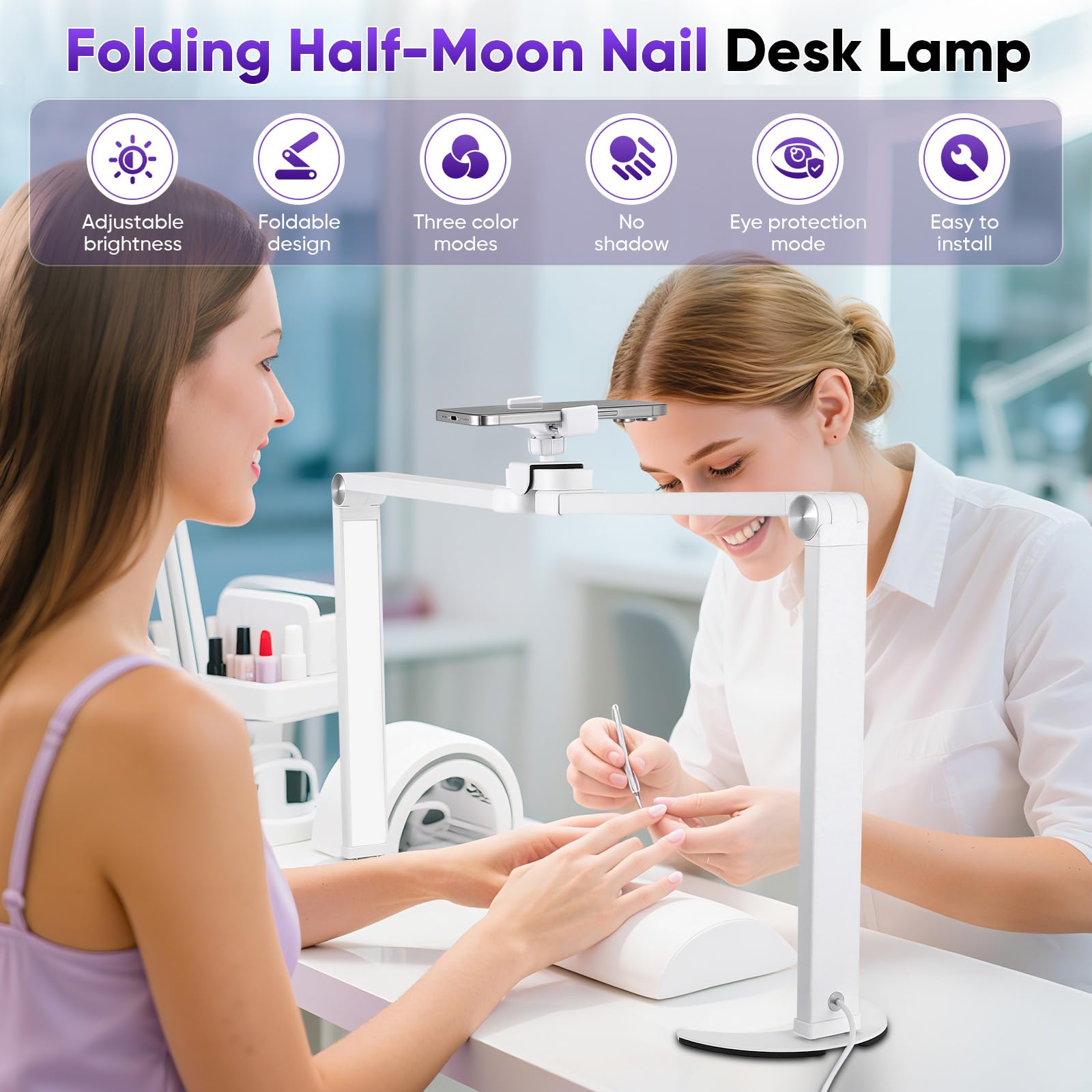 VIHBRAI 35W Half Moon Lamp 26inch Square Nail Desk Lamp with Phone Holder, Foldable LED Nail Table Light 3000K-6000K Dimmable for Nail Tech, Lash Eyelash Extension, Tattoo, Eyebrows, White - Image 4