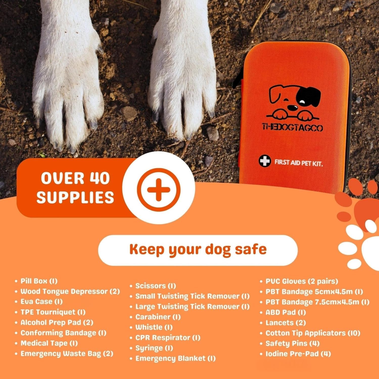 TheDogTagCo Kit de primeros auxilios para perros, más de 40 suministros de salud, compacto y portátil, prepárate para cualquier emergencia de mascotas V2