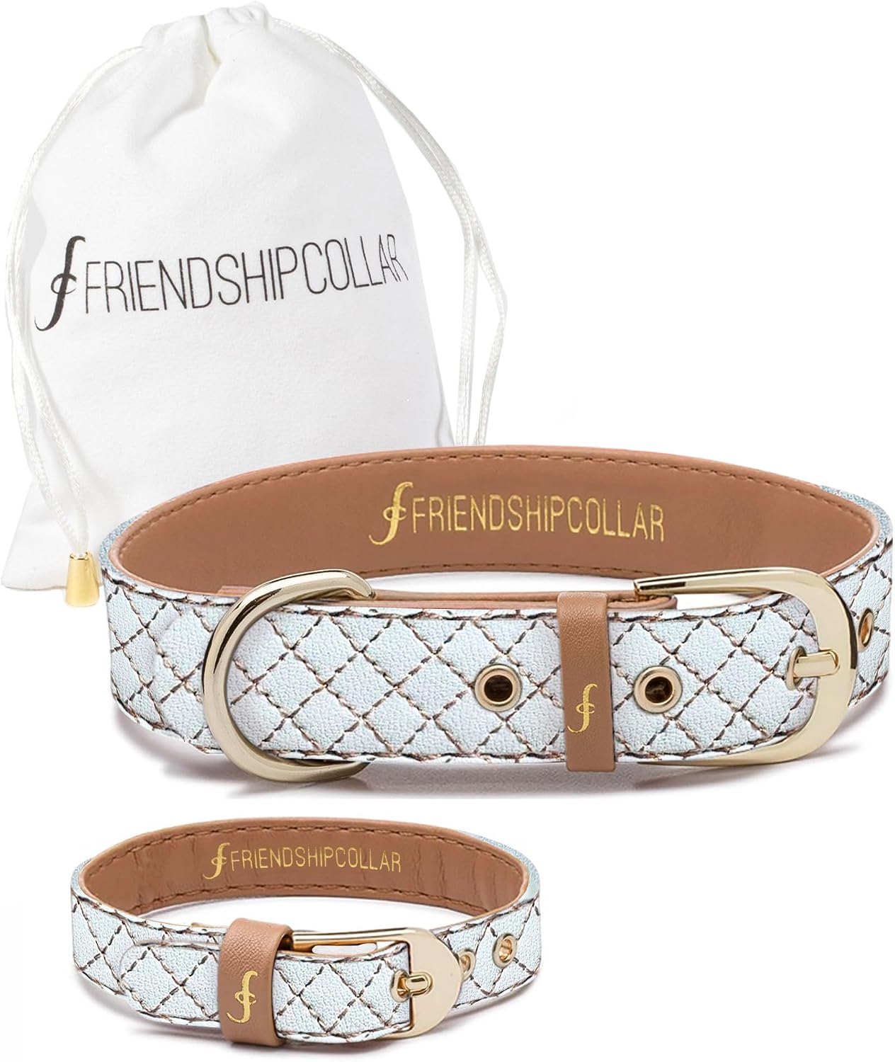 Friendship Collar Quilted Blanc | Matching Dog Collar and Bracelet Set for Owner & Pet | Friendship Jewelry Set for Dog Mom and Dog | Cute Coordinated Pet Accessories | Gift for Dog Lover | Gift for Dog Lovers | Vegan Leather