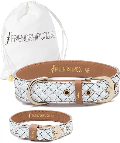 Friendship Collar Quilted Blanc | Matching Dog Collar and Bracelet Set for Owner & Pet | Friendship Jewelry Set for Dog Mom and Dog | Cute Coordinated Pet Accessories | Gift for Dog Lover | Gift for Dog Lovers | Vegan Leather
