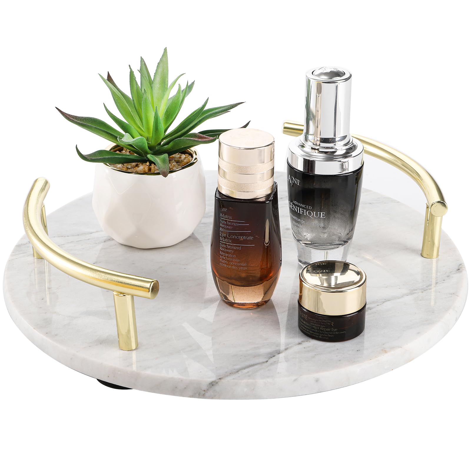 TOPZEA 10 Inch Marble Tray with Gold Handles, Round Vanity Organizer for Perfume, Jewelry, Trinket, Spa Supplies, Bathroom Countertop, Dresser Nightstand Display Tray Decor