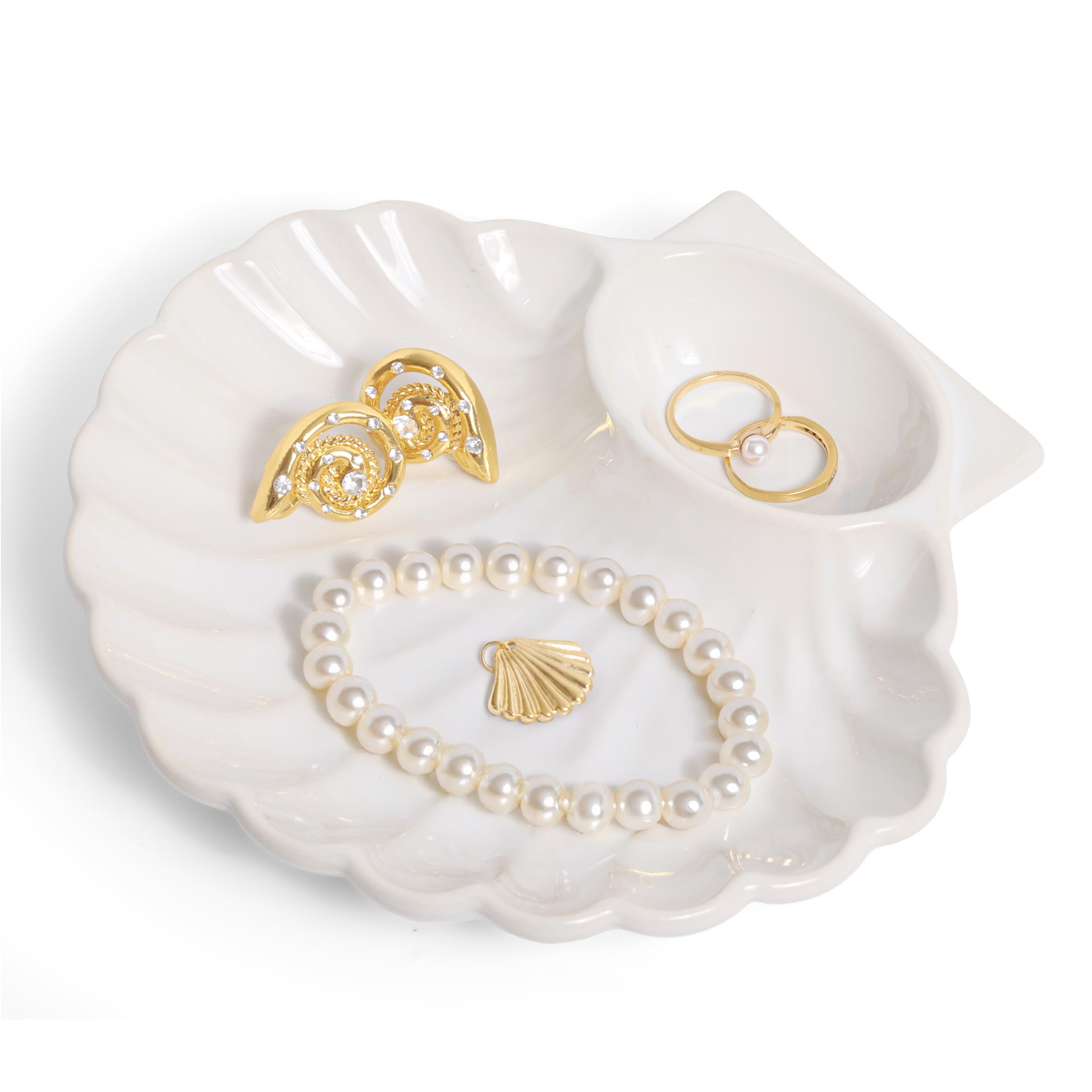 Large Seashell Jewelry Dish Trinket Tray for Women, White Ceramic Trinket Dish, Seashell Ring Holder, Cute Shell Jewelry Holder for Coastal Cowgirl, Coastal Granddaughter Room Decor, Stockholm Style