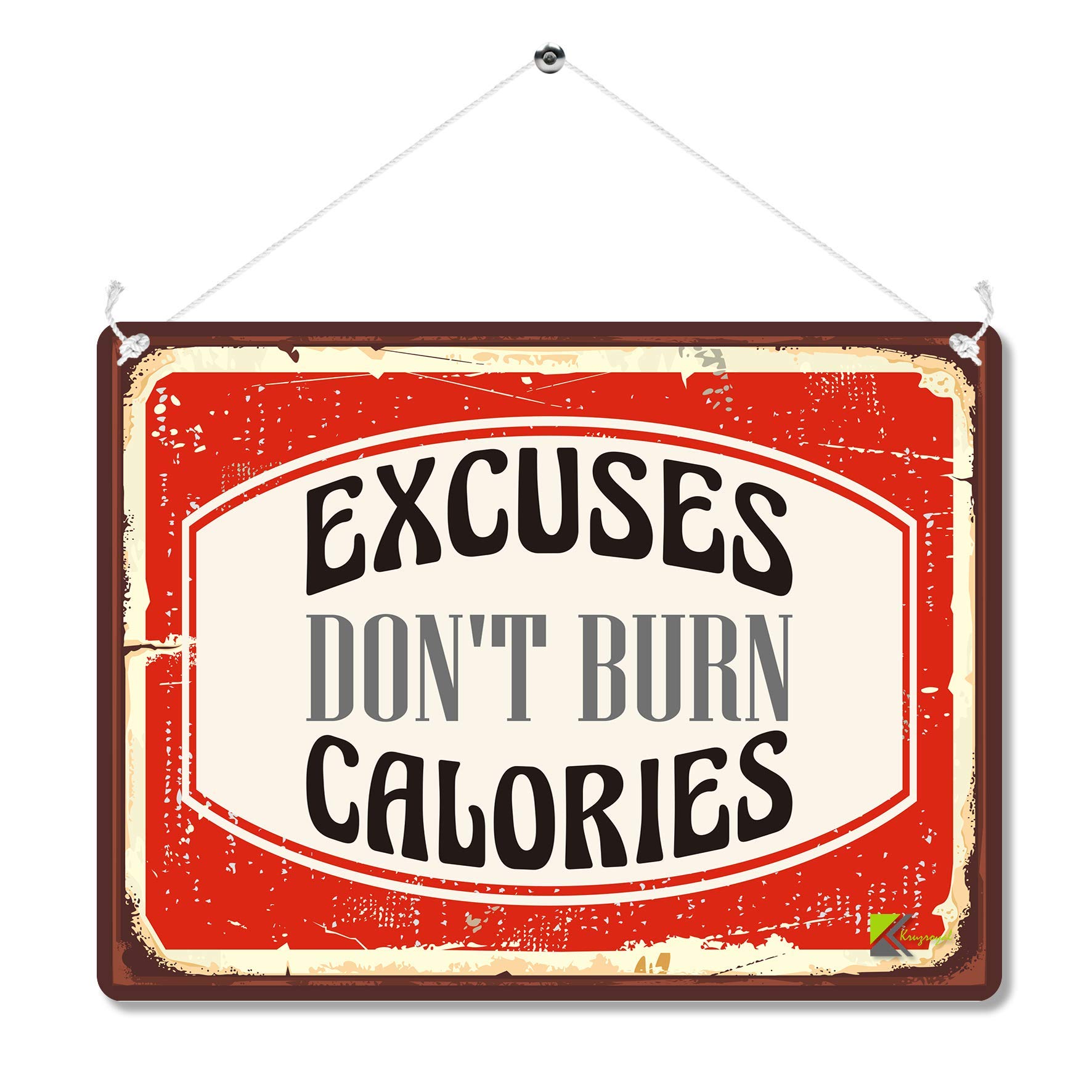 Kruzroyal Red Funny Fitness Metal Wall Sign, Excuses Don't Burn Calories Novelty Plaque Gift, Humorous Retro Vintage Tin Decor For Home Gym Or Office, 20X15cm With Hanging String