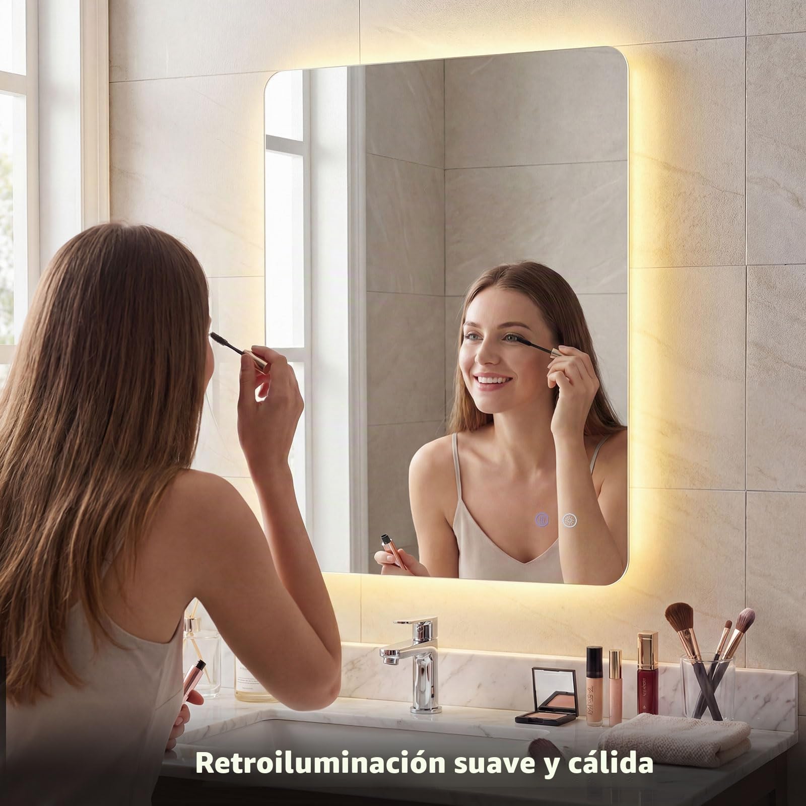 FANTASK Espejo de baño Rectangular LED de Cristal Templado, Espejo de Pared LED con Control táctil, Espejo de baño Regulable, antivaho y función de Memoria (80 x 60 cm)