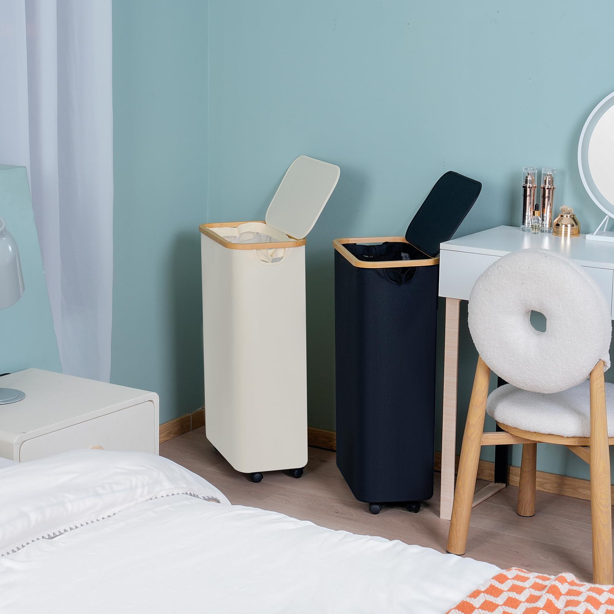 efluky Wäschekorb mit Rollen, 75L Faltbarer Wäschekorb mit Deckel, Beige Schlanker Wäschebehälter mit Bambusgriffen und abnehmbarem Beutel für Schlafzimmer, Bad, Waschküche