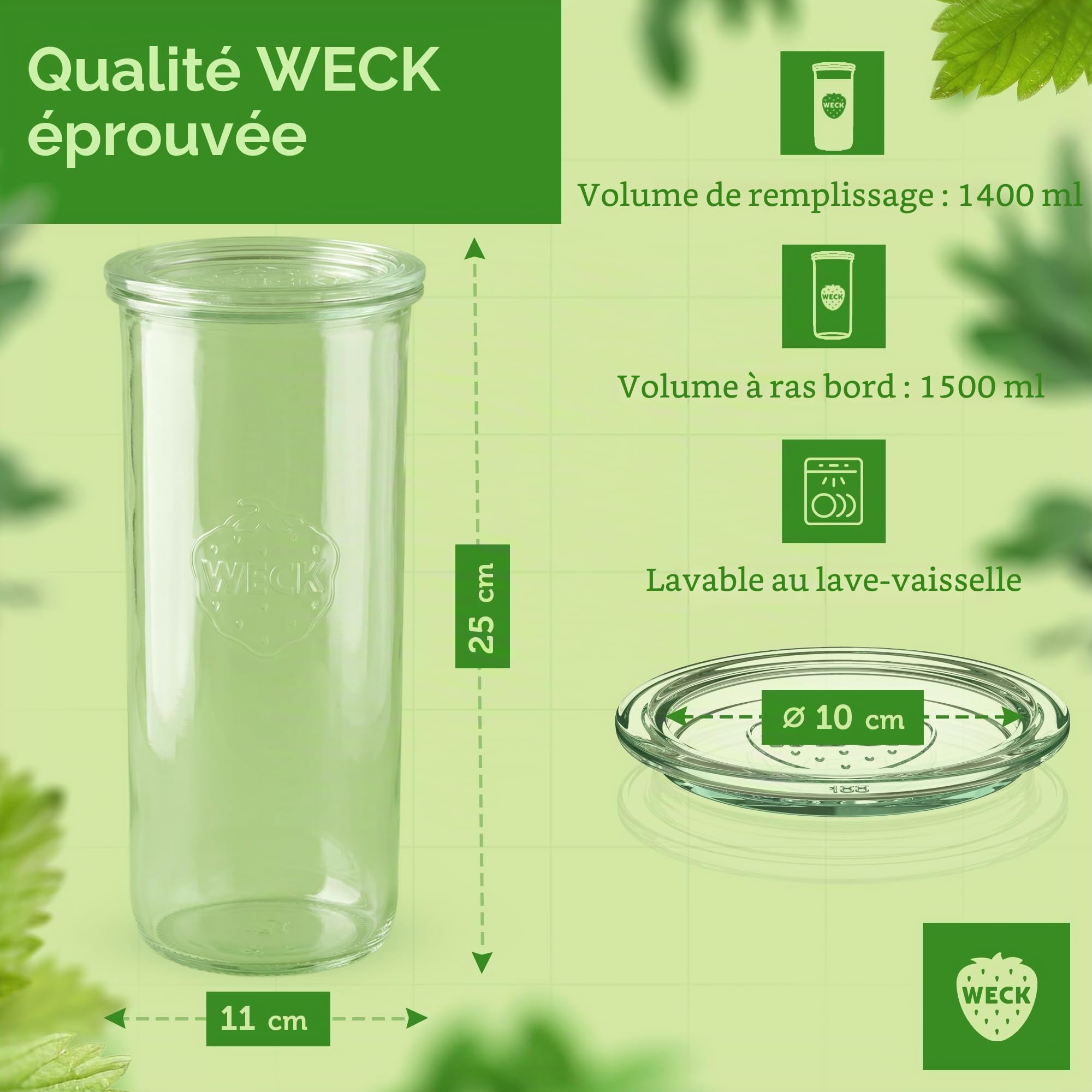 Weck Lot de 6 bocaux cylindriques de 1500 ml - Bocaux en verre avec couvercle - Pour la conservation des conserves, des jus, pour le stockage hermétique des ingrédients secs