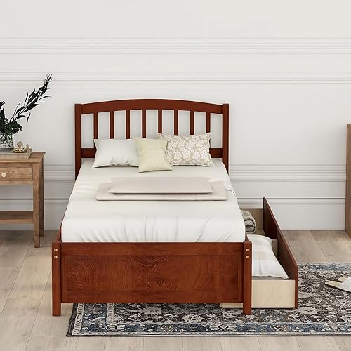 Miniatura 3 de Cama de almacenamiento de plataforma individual con cabecero, marco de cama de madera maciza con dos cajones (nogal, tamaño individual)