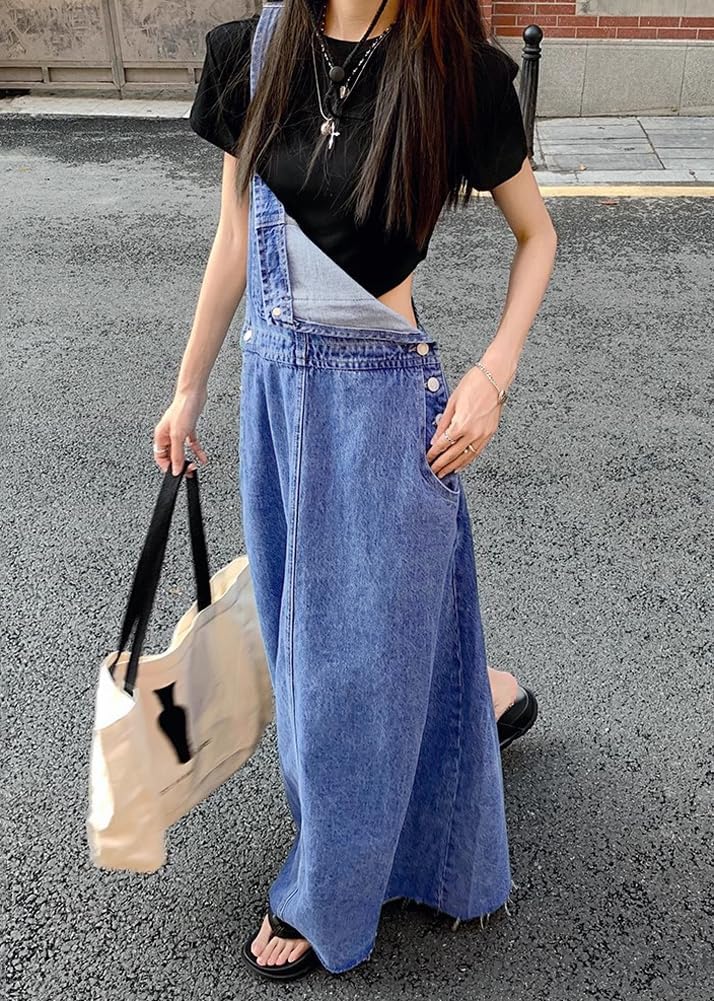 chouyatou Women's Adjustable Strap Distressed Denim Overall Dress A-Line Back Split Pinafore Bib Jean Dress - Image 5