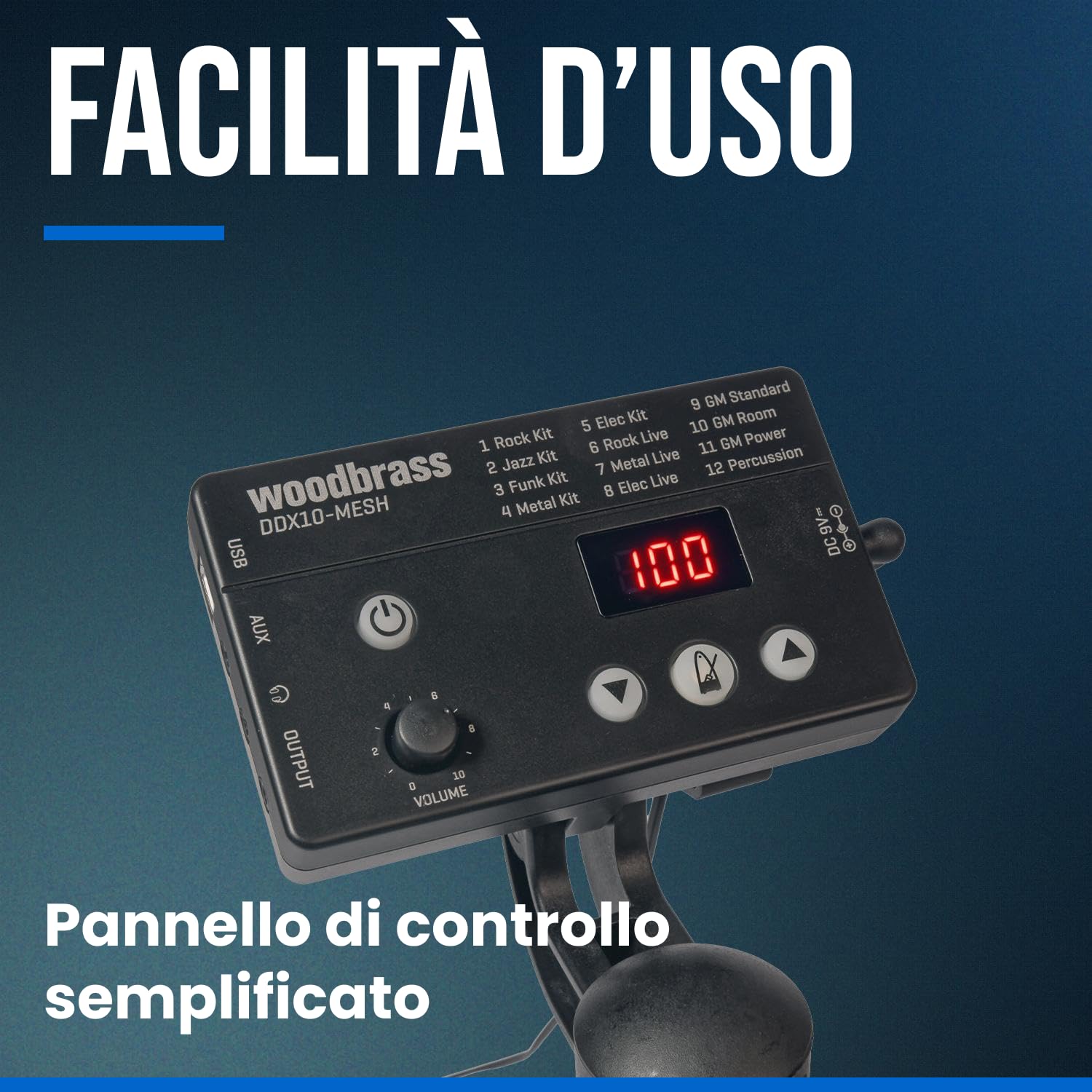 Woodbrass DDX10-MESH Batteria elettronica - Kit completo ideale per principianti bambini e adulti, Pronta all'uso, Accessori inclusi - Pads con pelli mesh realistiche, naturali, silenziose
