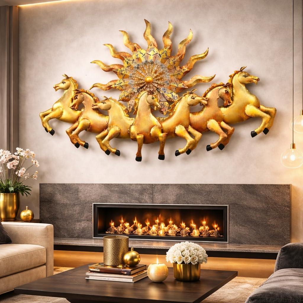 Anshika International Decorative Metal Wall Art, Running Textured 7 Horses with Sun Design, With LED Light, Gold and Copper Finish, 37 x 23 Inch-image-4