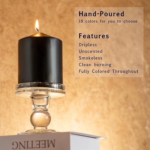 Miniatura 2 de MOZEAL Juego de 3 velas de pilar negras sin perfume vertidas a mano de 3 x 4 pulgadas, sin humo, combustión limpia, aproximadamente 60 horas de