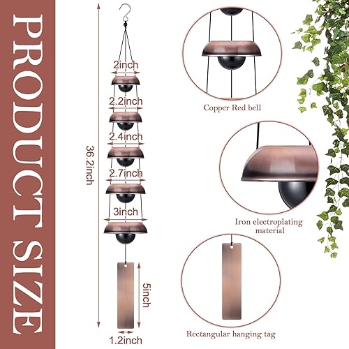 Miniatura 2 de Kigley 2 campanas de viento, campanas de viento de templo, campanas de viento de cobre rojo, campanas de viento de metal Feng Shui con 5 campanas,