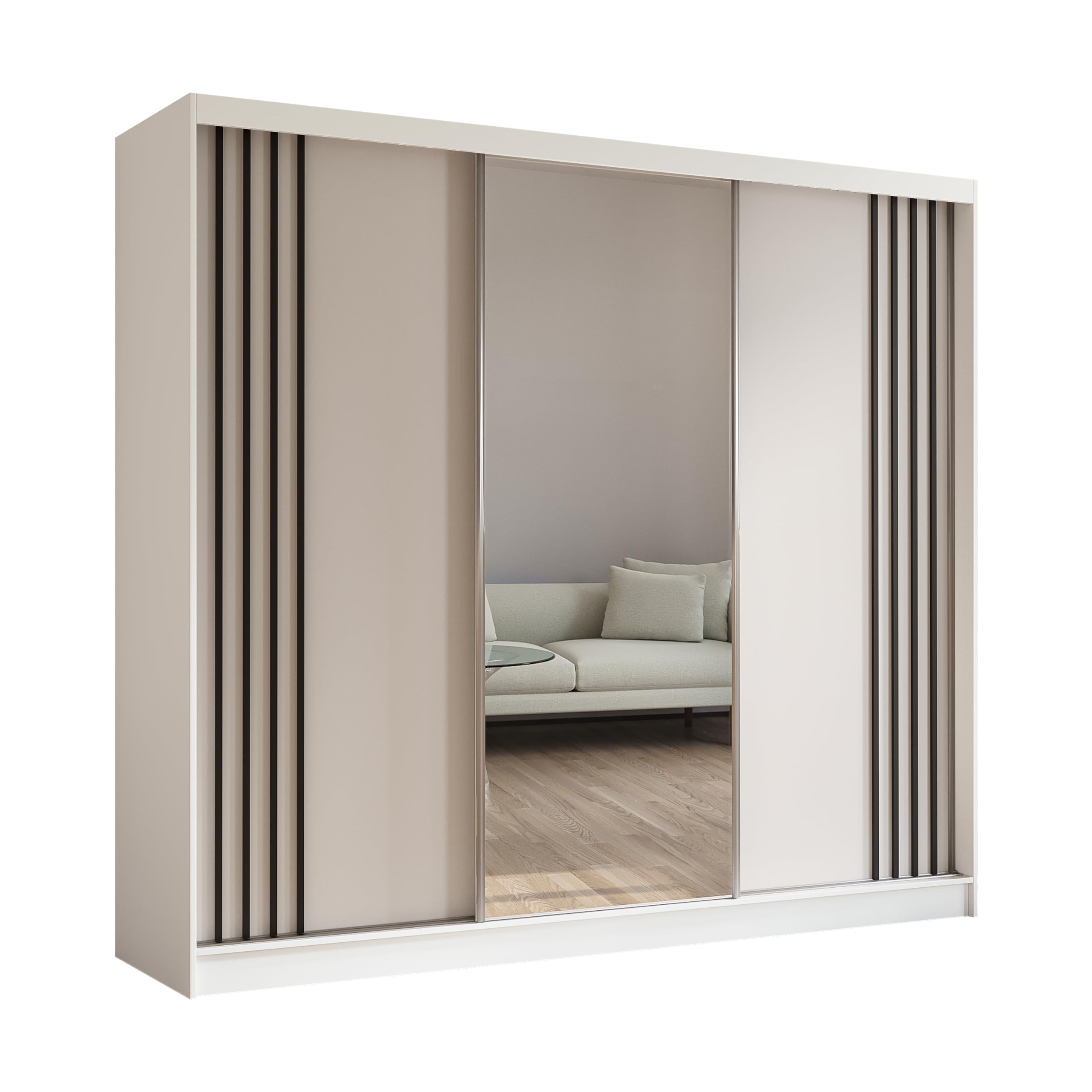Kleiderschrank mit Lamellen und Spiegel, Organizer, Mehrzweckschrank, Schwebetürenschrank, Garderobenschrank, Kleiderstange, Kleiderständer, Flurschrank, 240 cm, weiß, schwarz