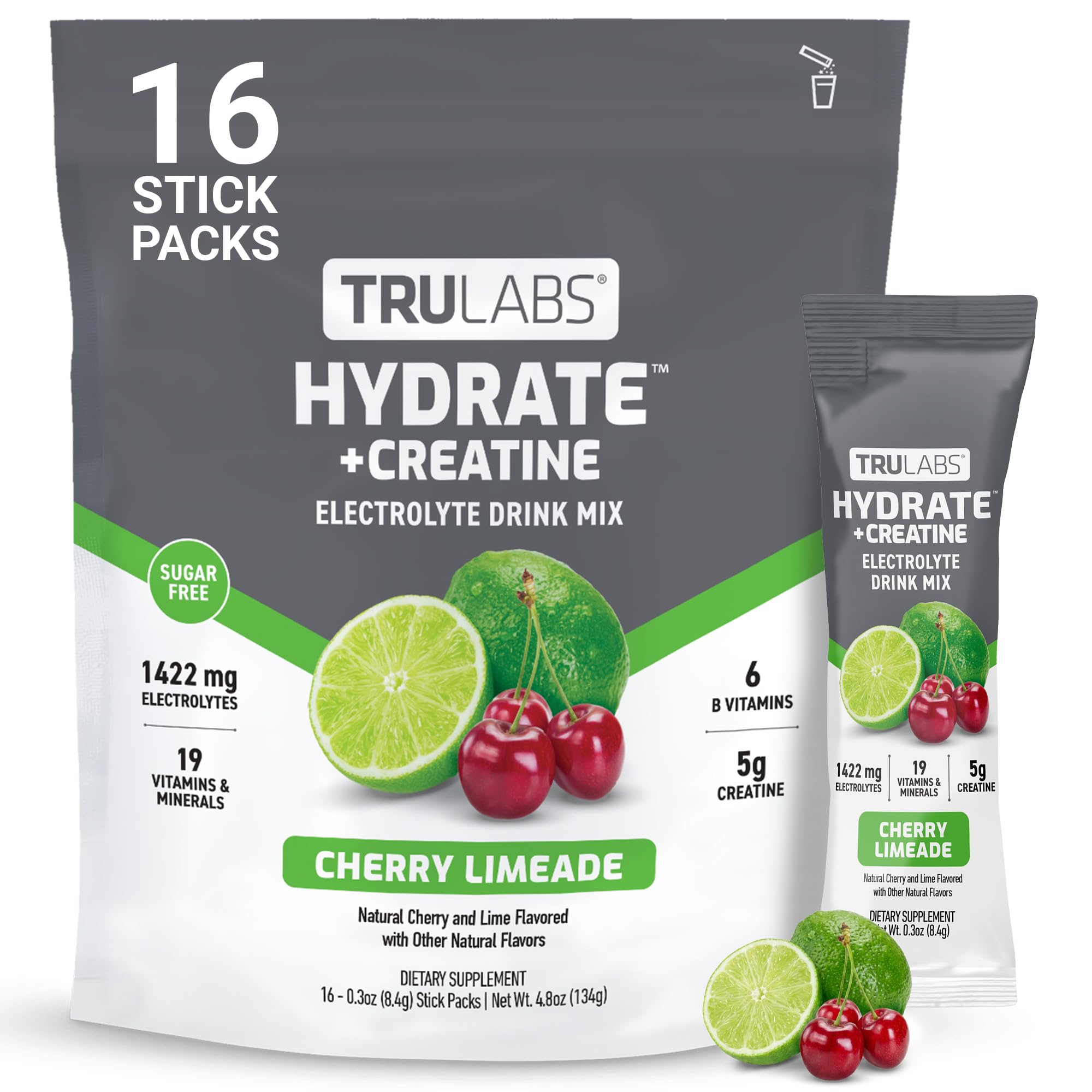 TRULABS Suplemento de creatina monohidratada com eletrólitos 5 g, sabor Cherry Limeade, 16 sachês