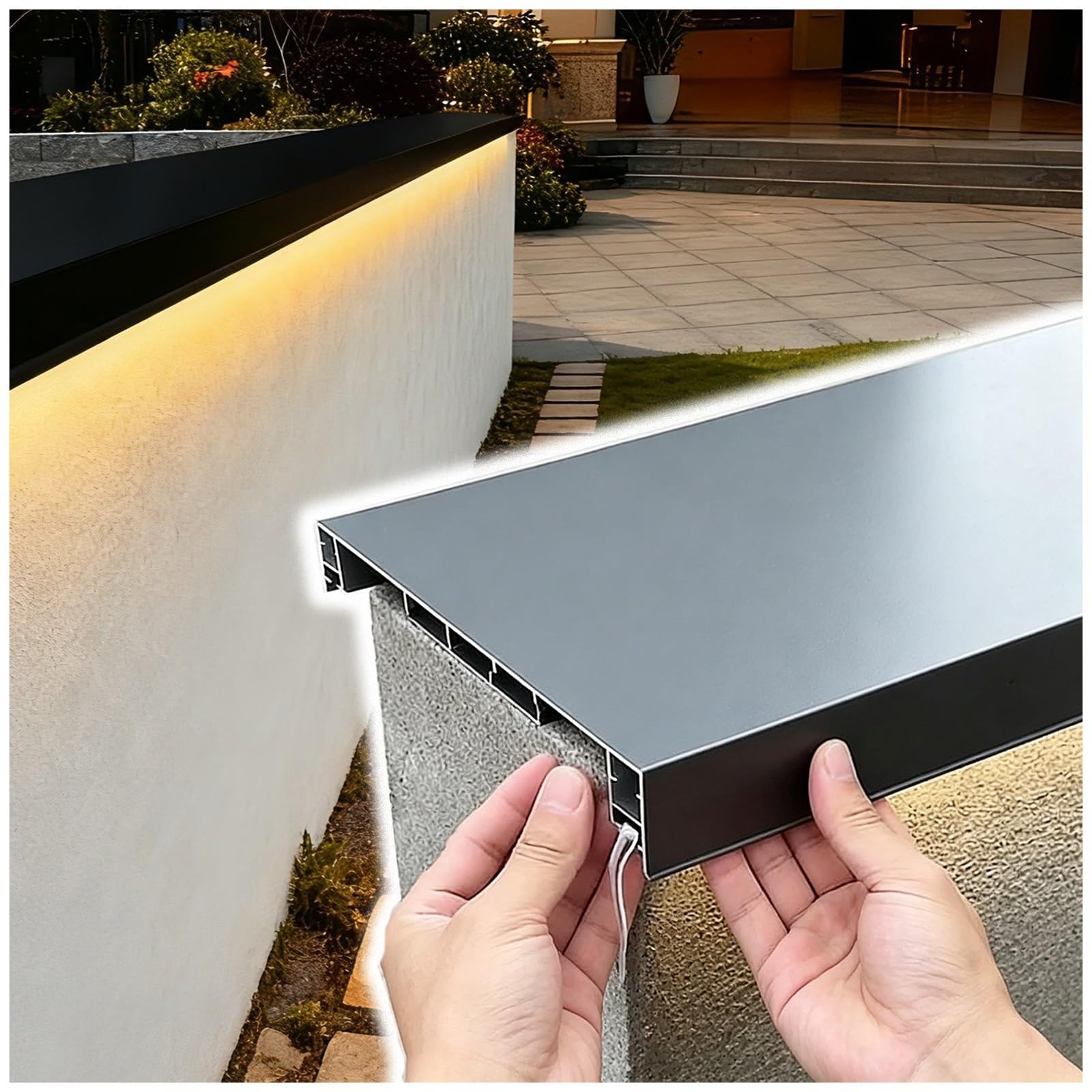Garden Yard Wall Coping Cap with Light Strip Channels, Parapet Brick Walls Covering Plate Aluminum Profiles Cuttable Customizable, Black/Brown/Gray(Fit 130-216mm W,130cm/4.3ft L)