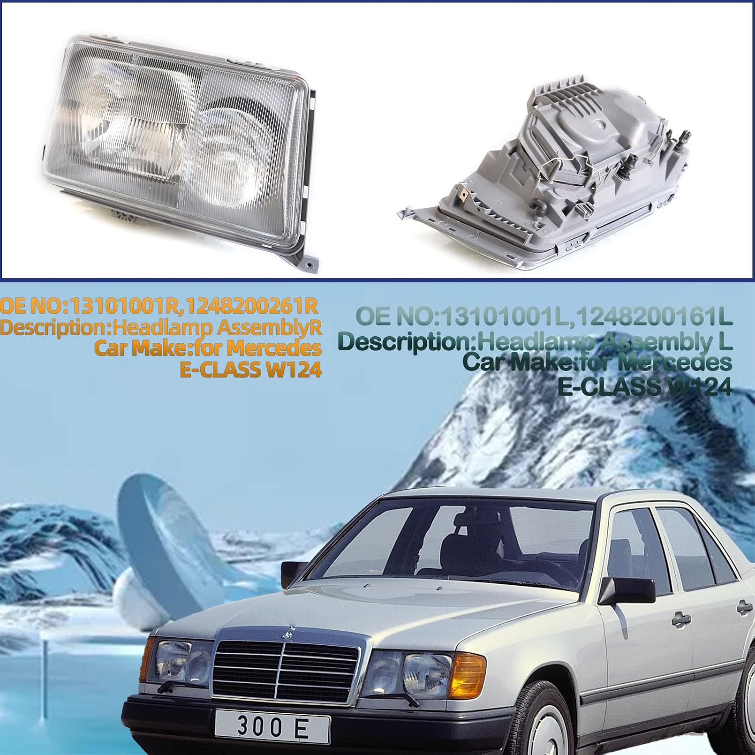 Car Light Headlamp Assembly Left and Right for Mercedes E-CLASS W124 OE 1248200161 A1248202161 1248200261 A1248203659 (One Set (Left & Right))