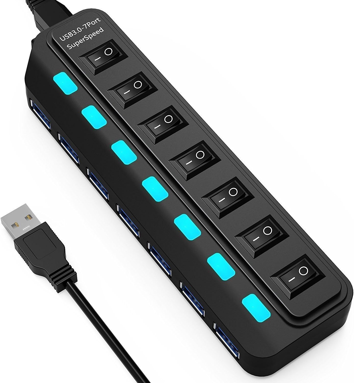 ALZN Multi Port 7-Port USB 3.0 Data Hub Super Speed Multiple Devices with Switches,1.75ft USB 3.0 Data Cable for PC Laptop Computer,LED Power Indicator
