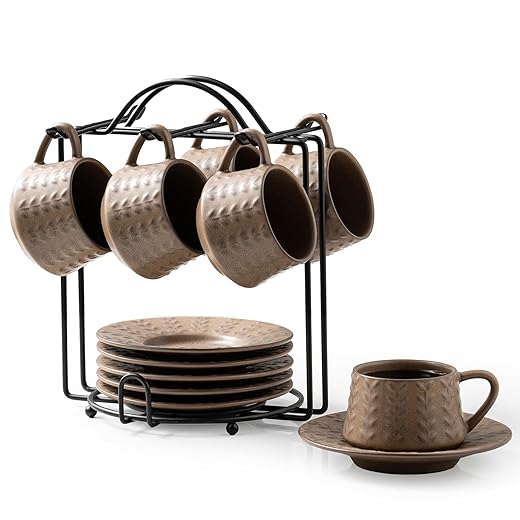 Espresso Cups Set, 4 Oz Porcelain Coffee Cups with Saucer and Metal Stand Small Cappuccino Cups Set of 6 Demitasse Cups for Espresso, Latte, Cafe Mocha, Cappuccino, and Tea, Brown