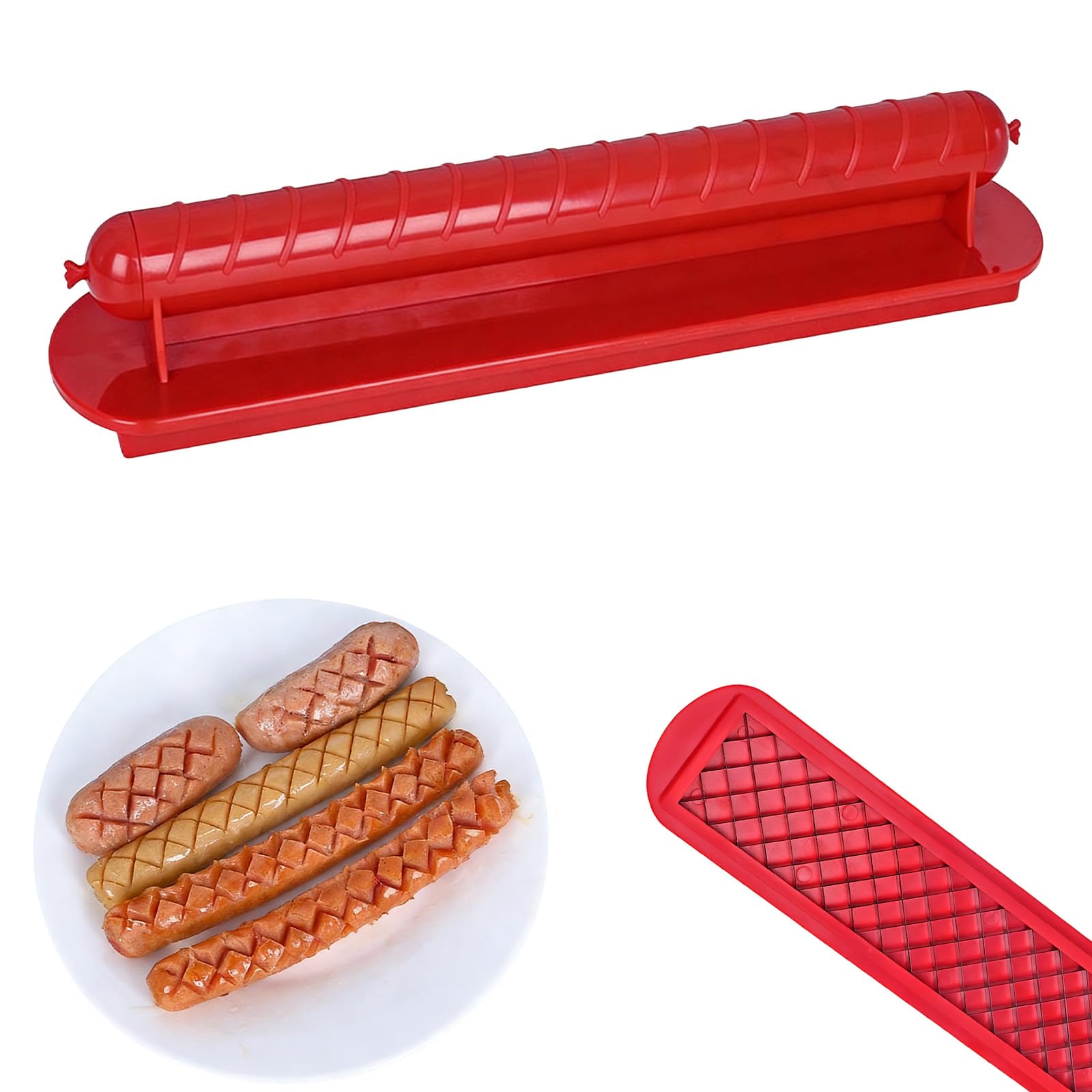 Hot Dog Cutter Crisscross, Barbecue Tool Stainless Steel Hot Dog Slicer Spiral Cutter, Safe Hot Dog Cutter for BBQ, Multi-Functional Hot Dog Scoring Tool for Home & Party (Red)