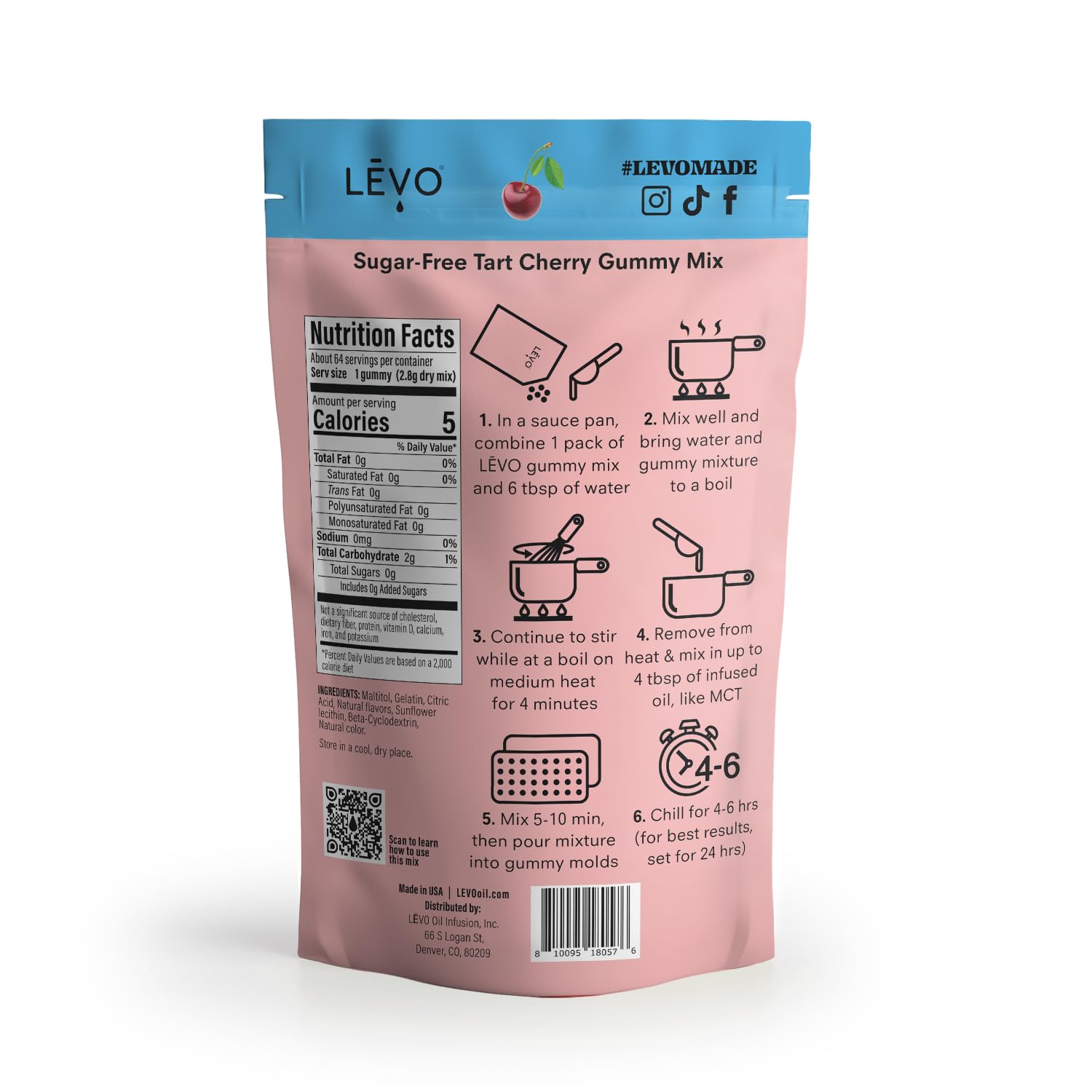 LĒVO Gummy Mix - Tart Cherry (Sugar Free) - Make Your Own Infused Gummies - Each Bag Makes 64 Gummies - 1 Pack