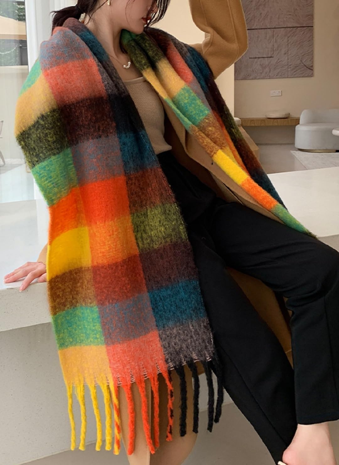 Wander Agio Winter Women Warm Scarf Long Shawl Large Scarves Cold Weather Thick Blanket Scarfs Colorful Plaid - Image 4