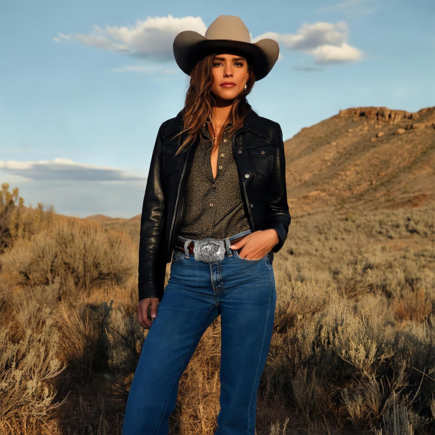 West style Bison Vintage Rectangle Buffalo Belt Buckle Scaloped Buckle - Image 6