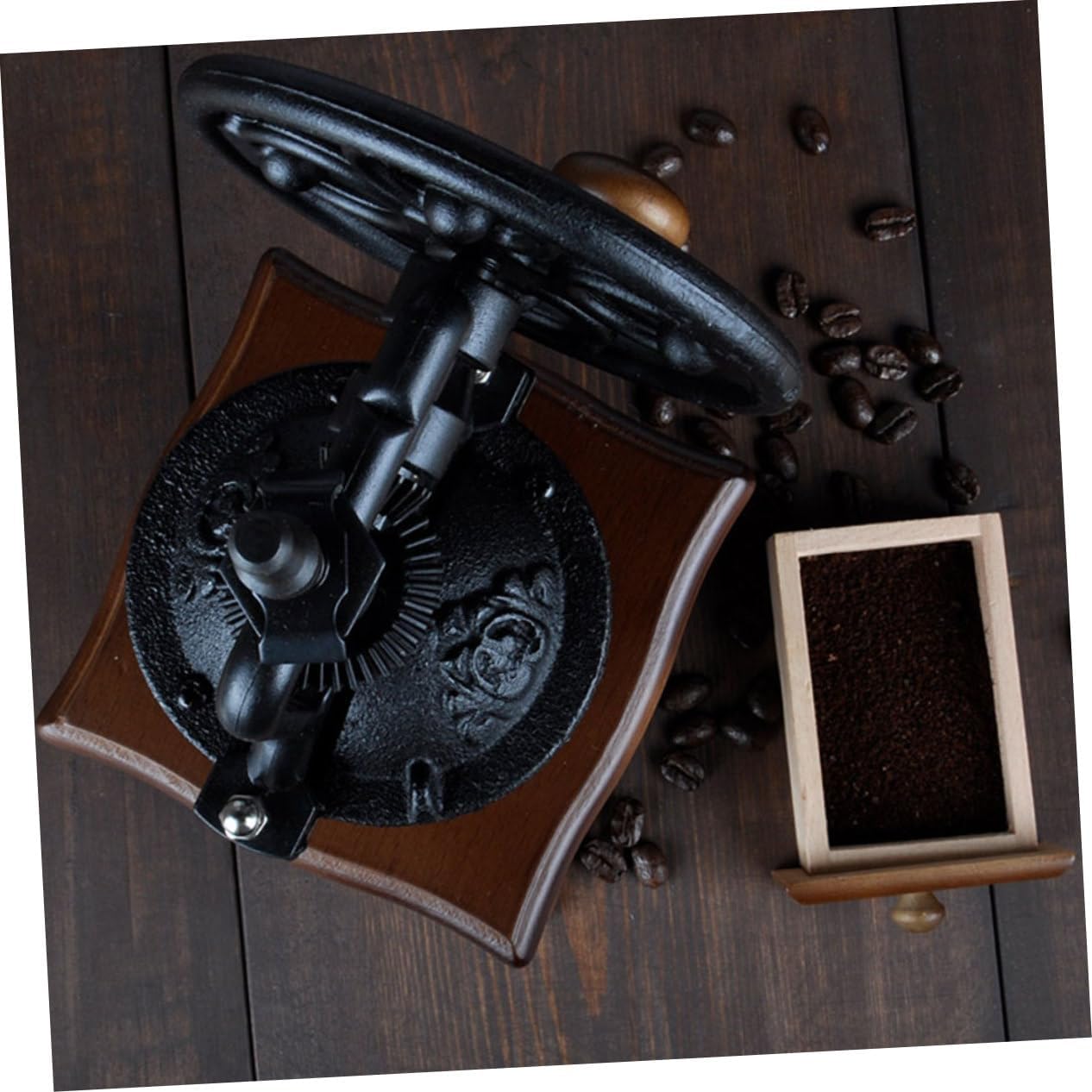 Hand Coffee Grinder Manual Wooden Burr Hand Crank Bean Maker Vintage Design
