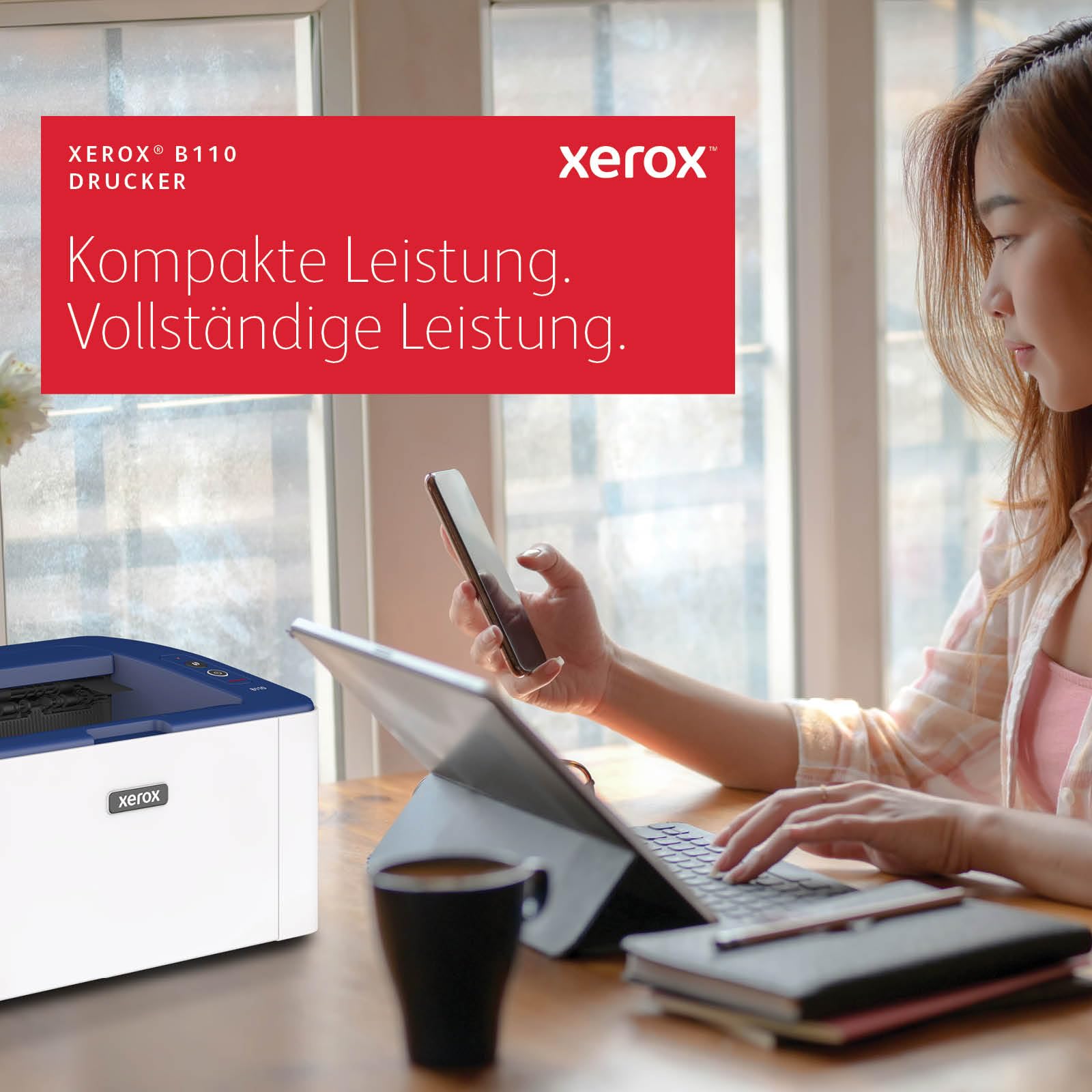 Xerox B110 Wireless Mono Laser Printer – Kompakter A4-Desktop-Drucker, schnell 20 ppm, mobil bereit, Homeoffice, Kleinunternehmen, Student, WLAN, Apple AirPrint, Mopria, EU Netzkabel