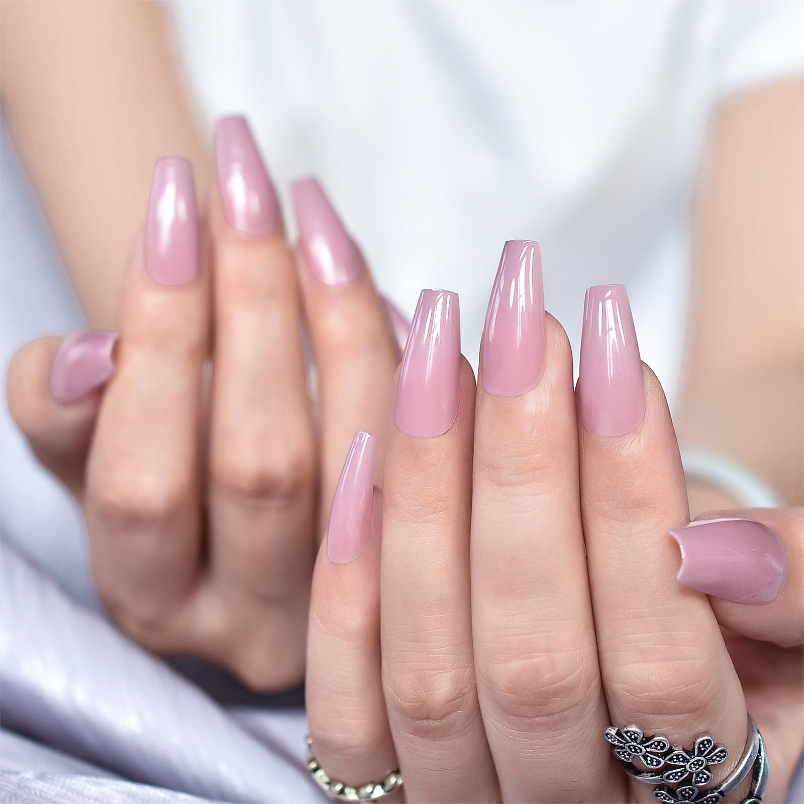 Long Coffin Press On Nails with Adhesive Tabs Tools - Natural Pink Solid Color Fake Nails for Women