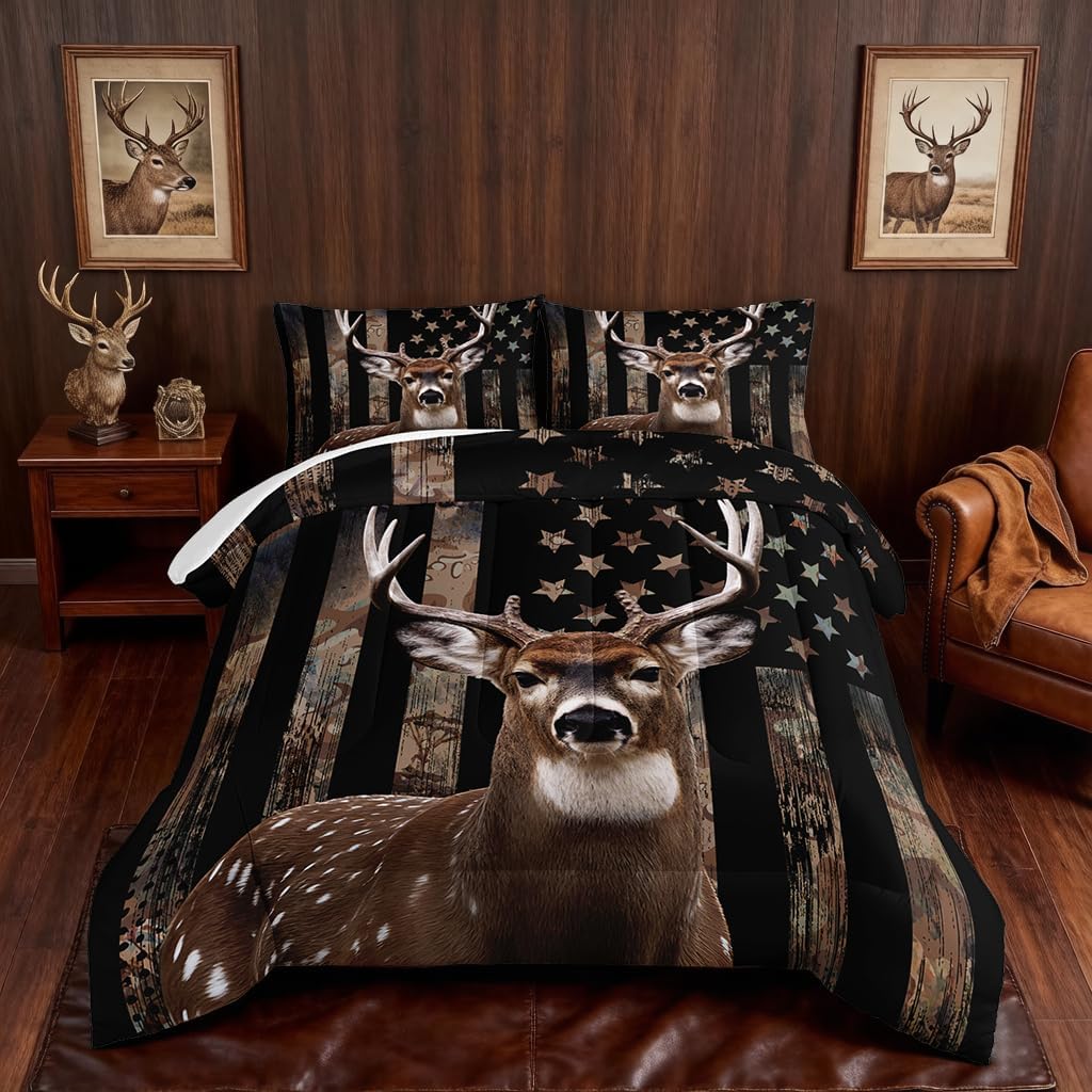 HOSIMA Deer Hunting Camo Comforter,Hunter Bedding Set American Flag Comforter Queen Size for Room Decor,Deer Comforter Set for Boys Teens Girls,Queen Comforter Set with 2 Pillowcase.