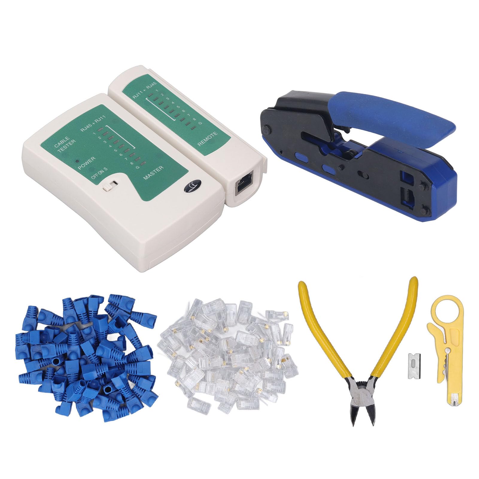 Kit d'outils de sertissage RJ45, ensemble d'outils de sertissage avec testeur de câble réseau, tête de cristal 8P8C pour connecteur Cat5 Cat6, comprend une pince à dénuder, un