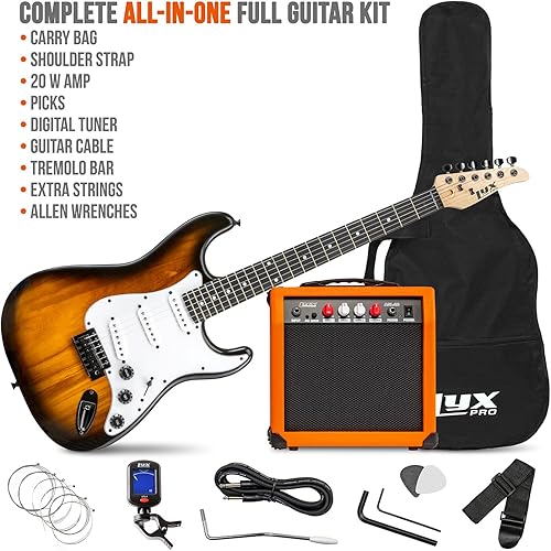 Vista 90 de LyxPro Kit de guitarra eléctrica de 39 pulgadas con amplificador de 20 W, todos los accesorios, afinador de clip digital, seis cuerdas, dos púas