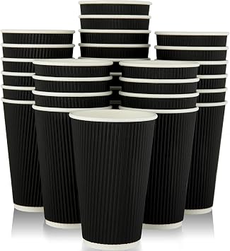 JollyPack 60 Pack 16 oz Paper Coffee Cups, Black Disposable Beverage Cups with Insulated Ripple Wall for Coffee, Tea, and Hot Chocolate