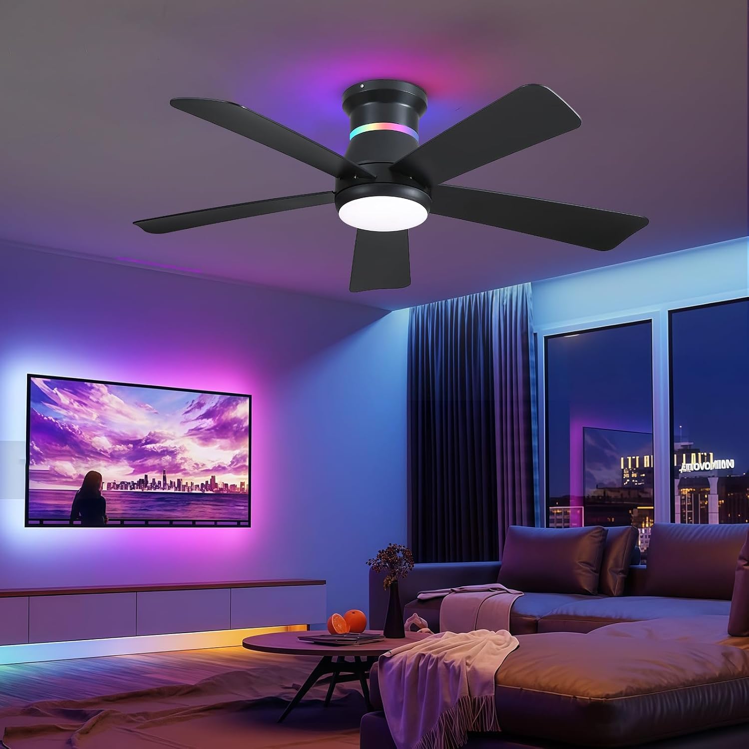 46" Black Ceiling Fans with RGB Lights - Flush Mount Ceiling Fan Light with LED 3CCT Dimmable, Modern Low Profile Ceiling Fans for Indoor Party,Covered Outdoor