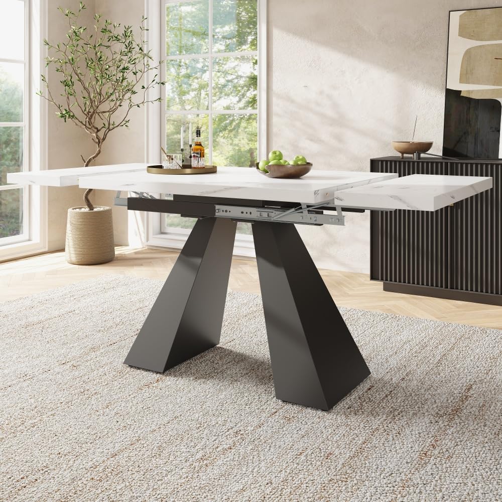 Zepneiy - Mesa de comedor extensible (99-159 x 74 x 77 cm), mesa de cocina de bajo espacio, amplia superficie de trabajo, diseño flexible, bandeja blanca con patas de columna (blanco + negro)