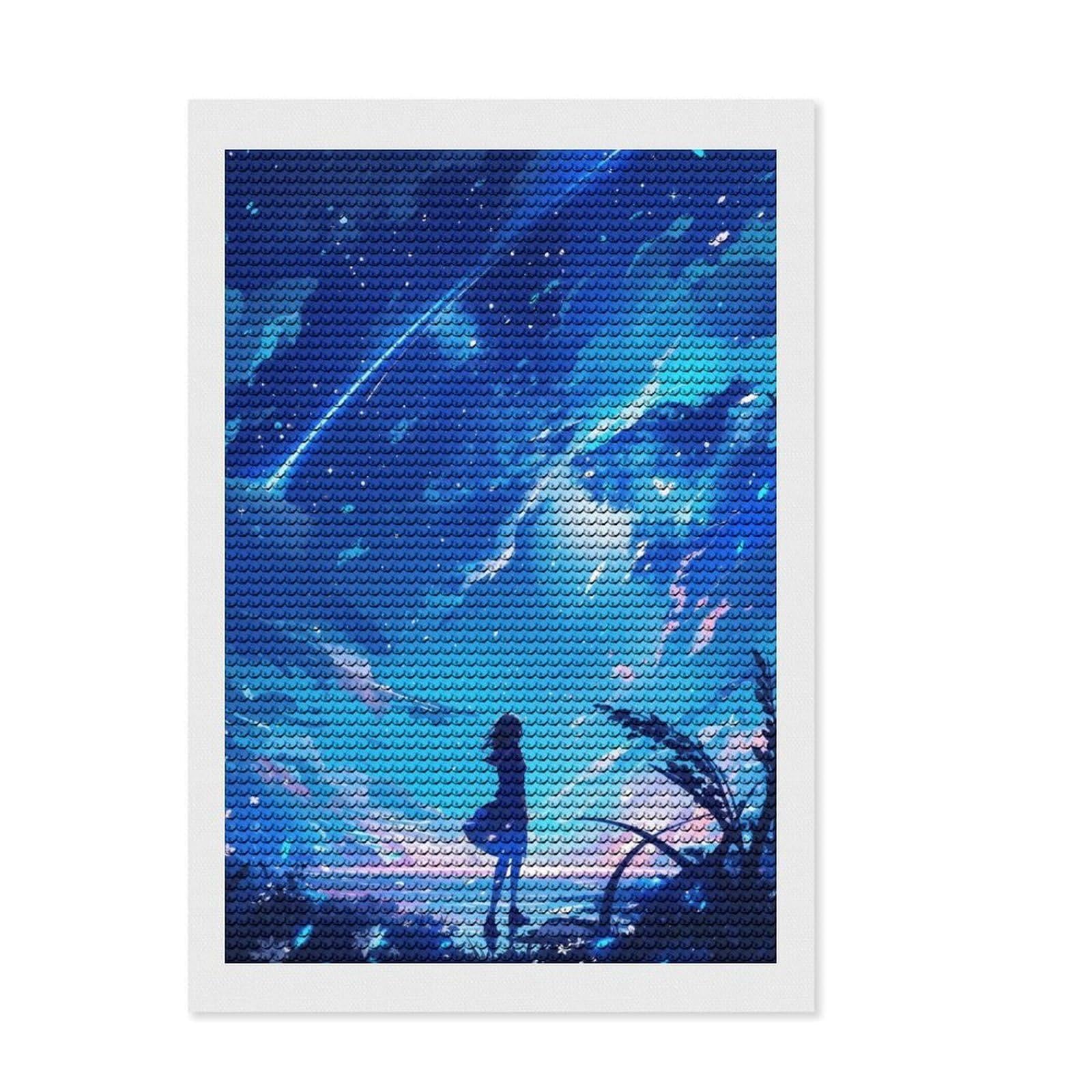 Junmoney Anime Girl Night Sky Stars Diamond Painting Set 8"x12", Printed Canvas, Finish and Display, Home Wall Decor, Gift Idea, Neat Printed Canvas