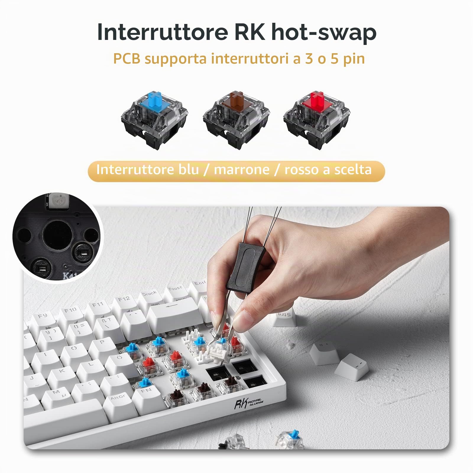 RK ROYAL KLUDGE RK84-DE - Tastiera da gioco 75%, 85 tasti TKL compatta, tastiera meccanica Bluetooth, interruttore rosso, retroilluminazione RGB, tastiera da gioco 2,4 GHz per Mac & Win, QWERTZ