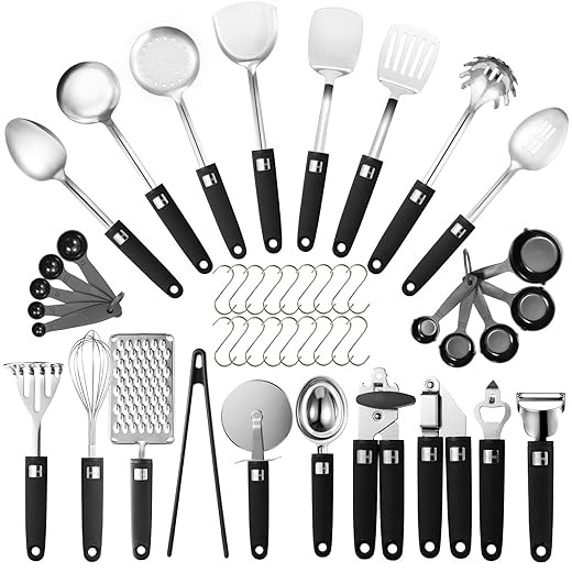 46Pcs Cooking Utensils Set - 18/10 Stainless Steel Kitchen Utensils Set, Complete Tools with Metal Kitchen Gadgets, Dishwasher Safe Spatula Set for Non-stick Cookware