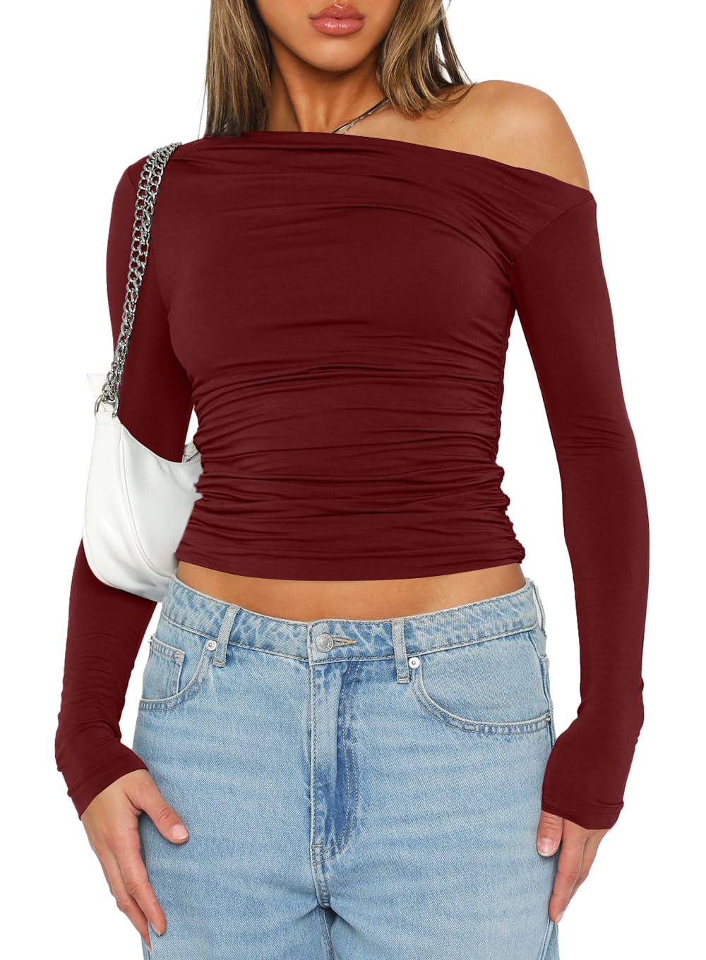 Darong Women's Casual Long Sleeve Boat Neck Off Shoulder Slim Fit Crop Top Going Out Blouses Y2K Tight Shirts