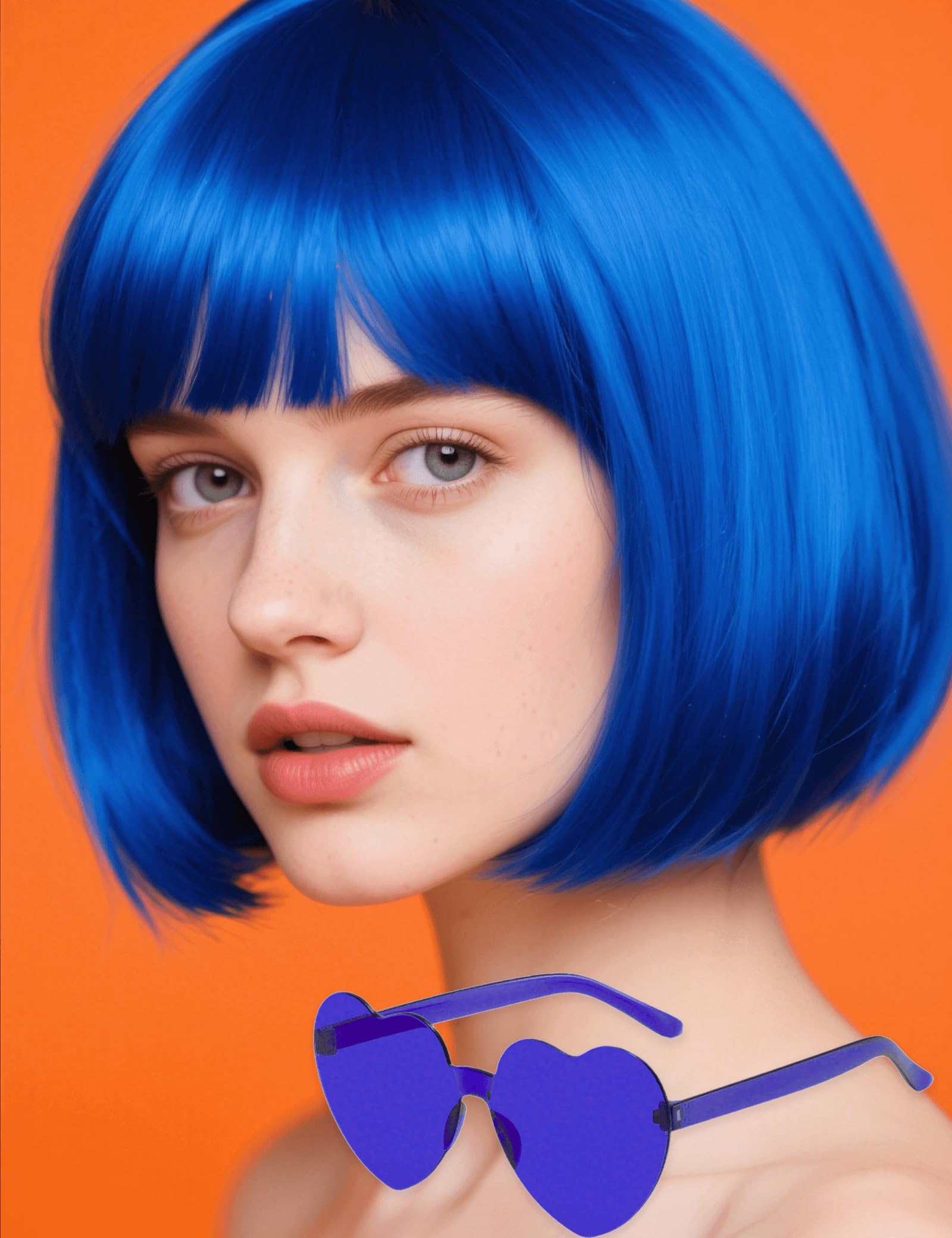 FSLLZCJY Blue Bob Wig with Heart Sunglasses - Heat-Resistant, Synthetic Fiber, Adjustable and Natural Looking