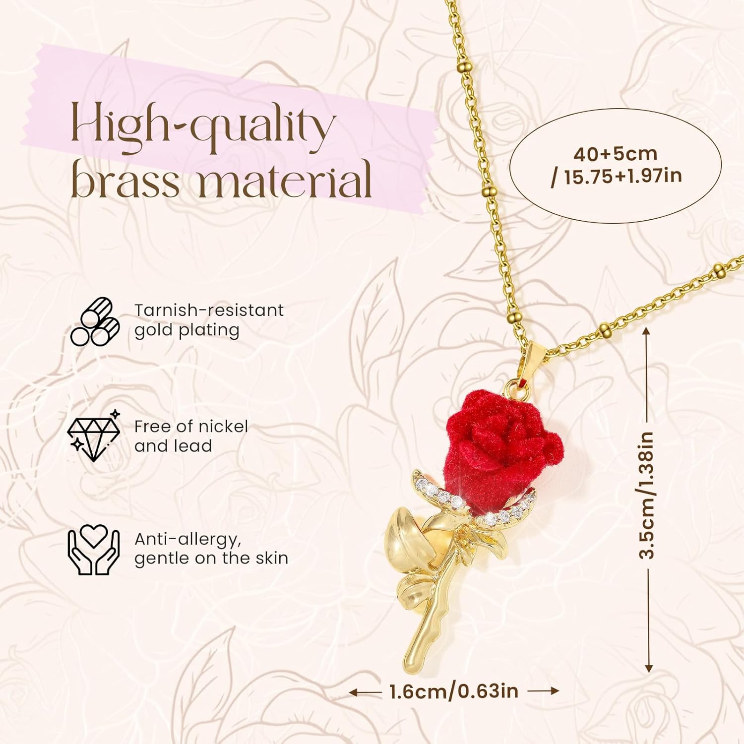 Red Rose Pendant Necklace Dainty Blossom Rose with Cubic Zirconia Charm Choker 3D Floral Pendant Gold Jewelry for Women Anniversary Valentines Day Birthday Jewelry Gifts - Image 3