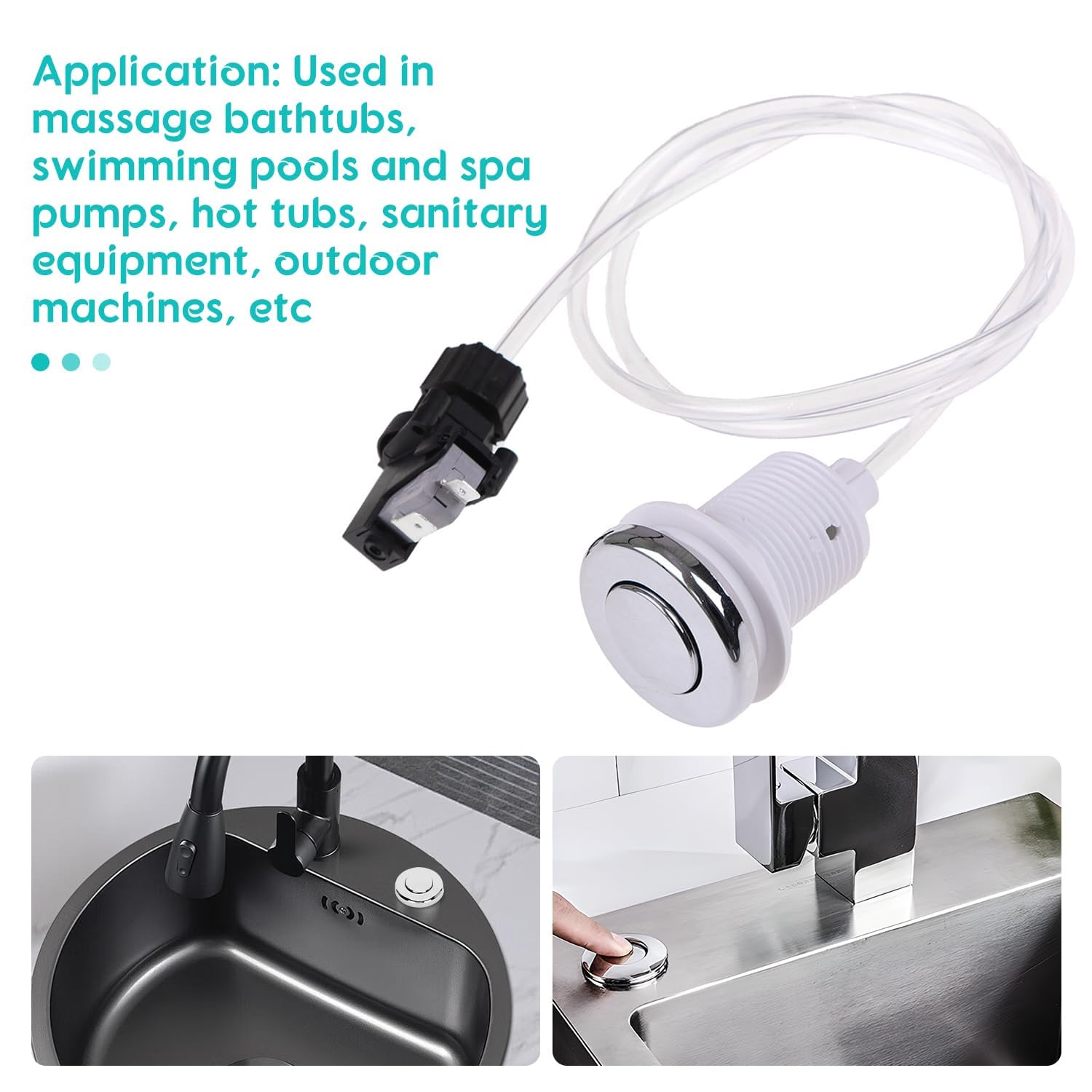 Interruttore Pneumatico per Bagno, Kit Interruttore a Bottone in Acciaio Inossidabile con Tubo 1m per Vasche Idromassaggio e Attrezzature Sanitarie, Facile da Installare e Pulire | Interruttore per vasca da bagno, 250 V, con tubo da 1 m, per lo smaltiment