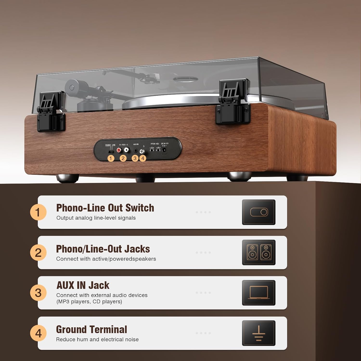 1 by ONE Vinyl Record Player with Bluetooth Input, All-in-One Turntable with Built-in Speakers, Phono Preamp, AT-3600L Cartridge, Belt Drive 33/45 RPM