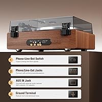 Vista 5 de 1 by ONE Vinyl Record Player with Bluetooth Input, All-in-One Turntable with Built-in Speakers, Phono Preamp, AT-3600L Cartridge, Belt Drive 33/45