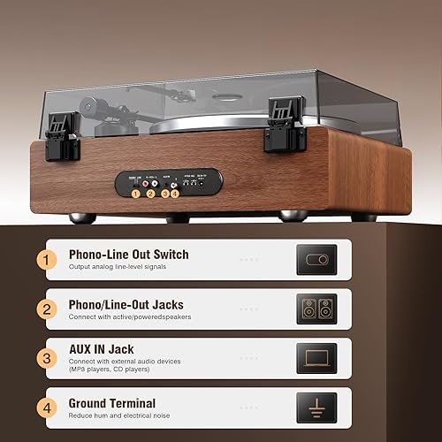 Miniatura 5 de 1 by ONE - Tocadiscos de vinilo con entrada Bluetooth, tocadiscos todo en uno con altavoces integrados, preamplificador de teléfono, cartucho