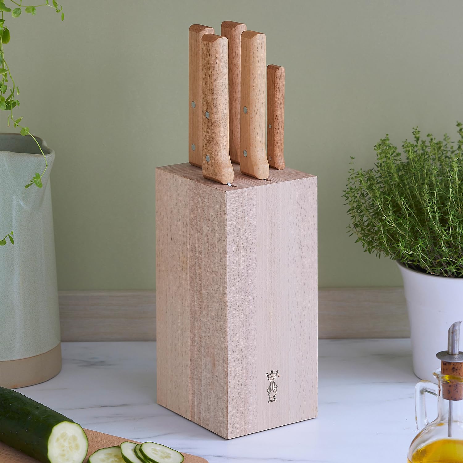 Opinel Parallele - Set di 5 coltelli da cucina con ceppo, lame in acciaio inox ad alto tenore di carbonio, manici in legno di faggio (blocco da 5 pezzi, coltello da pane)