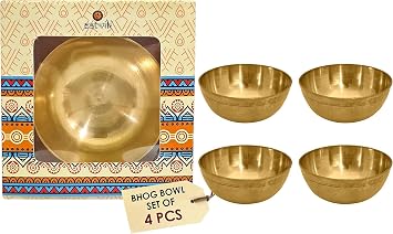 SATVIK Set of 4 Big Brass Bhog Bowl Set for Pooja | Pure Brass Bowls for Prasad, Meditation, Yoga, Diwali Offering | Indian Bhog Katori Altar Supplies