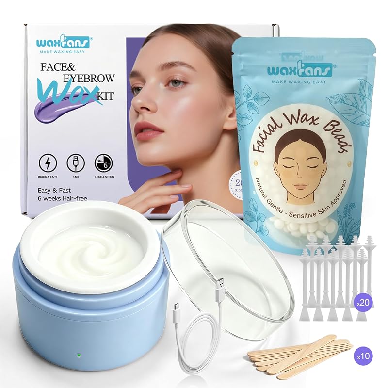 Kit de depilação facial Waxfans com mini aquecedor de cera USB, 100 g de pérolas de cera e aplicadores, azul