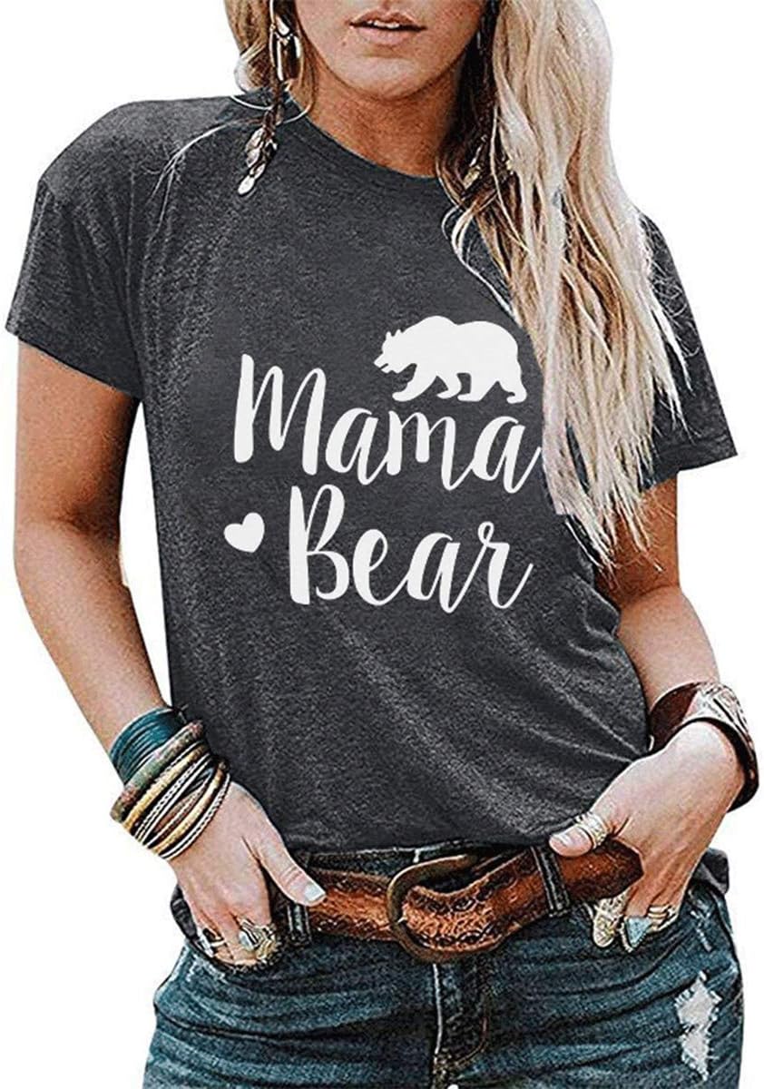 Women Mama Bear Graphic T-Shirt Crew Neck Loose Fit Summer Tops Mom Letter Print Tshirt