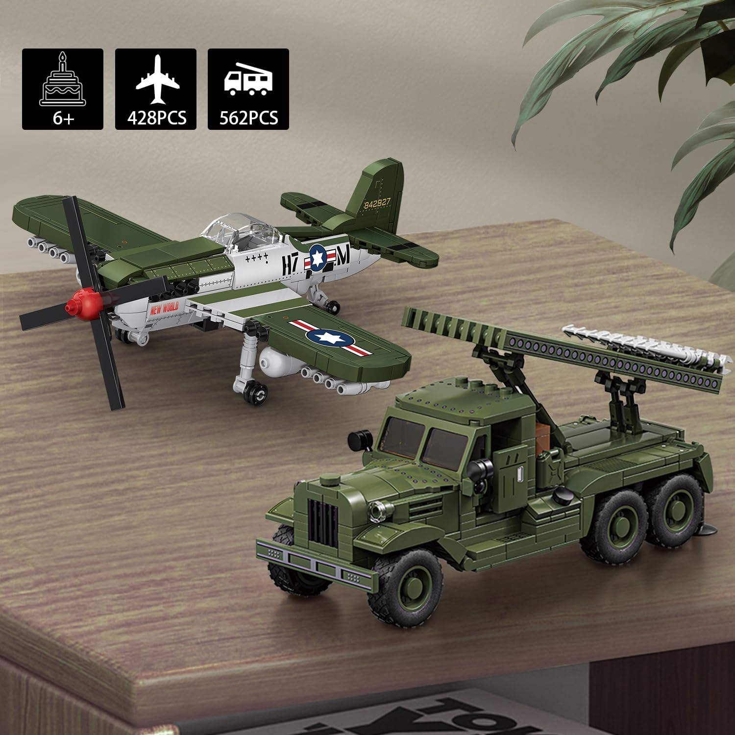 WW2 Military Building Blocks Set Compatible with Lego, Includes P-51 Fighter & BM-13 Rocket Launcher, Creative Military Gift for Boys and Kids Ages 8-12